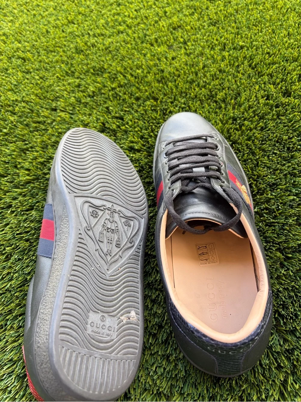 Gucci Black Leather Sneakers with Red & Blue Stripe and Gold Bee